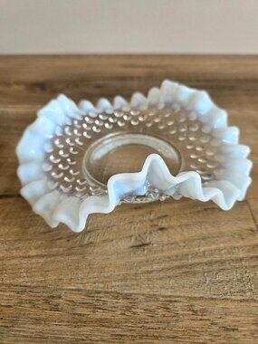 Vintage Fenton French Opalescent Hobnail Light Blue Clear Glass Dish 5.5''wide.